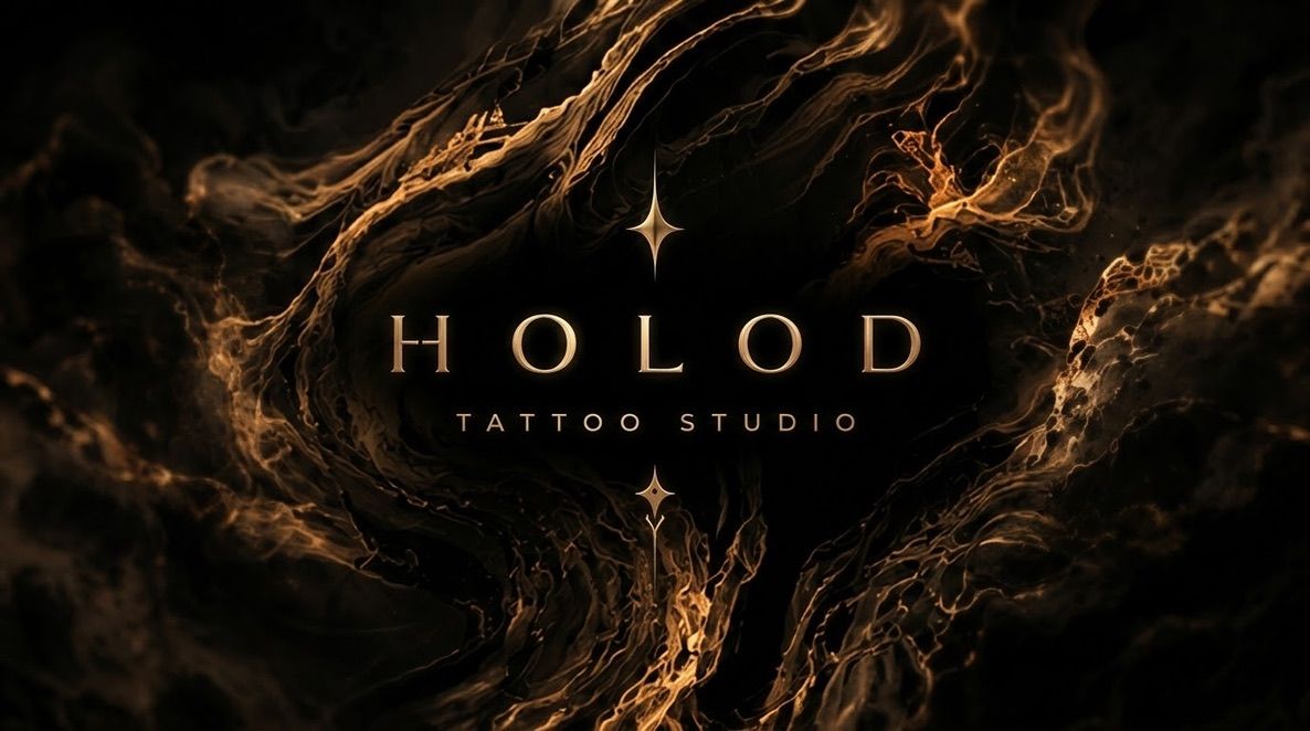 HOLOD Tattoo Studio — логотип на фоне золотых разводов